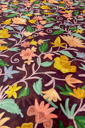 Colorful floral embroidery pattern on a dark background