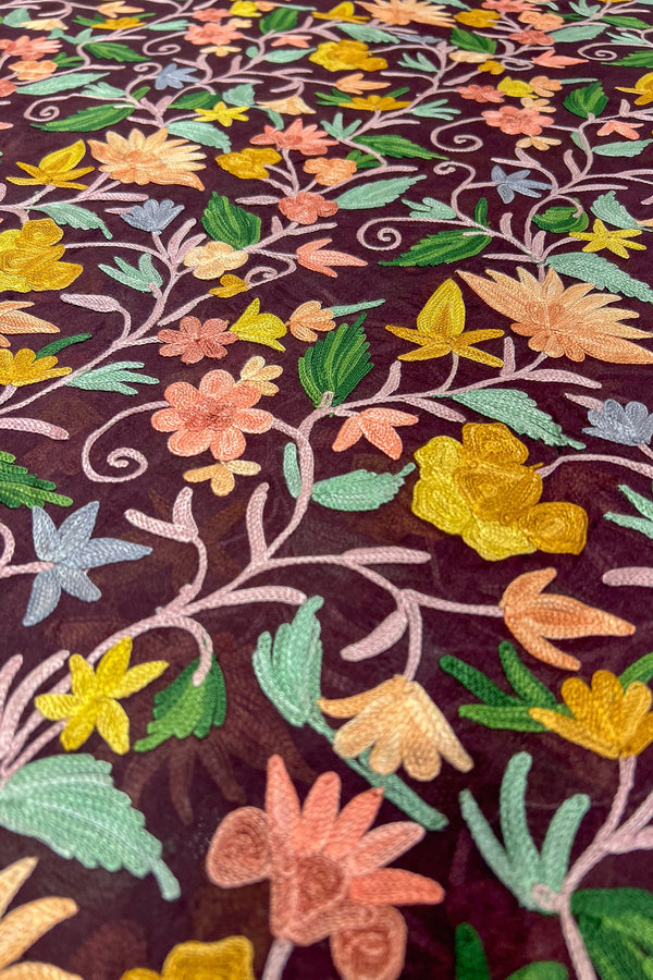Colorful floral embroidery pattern on a dark background