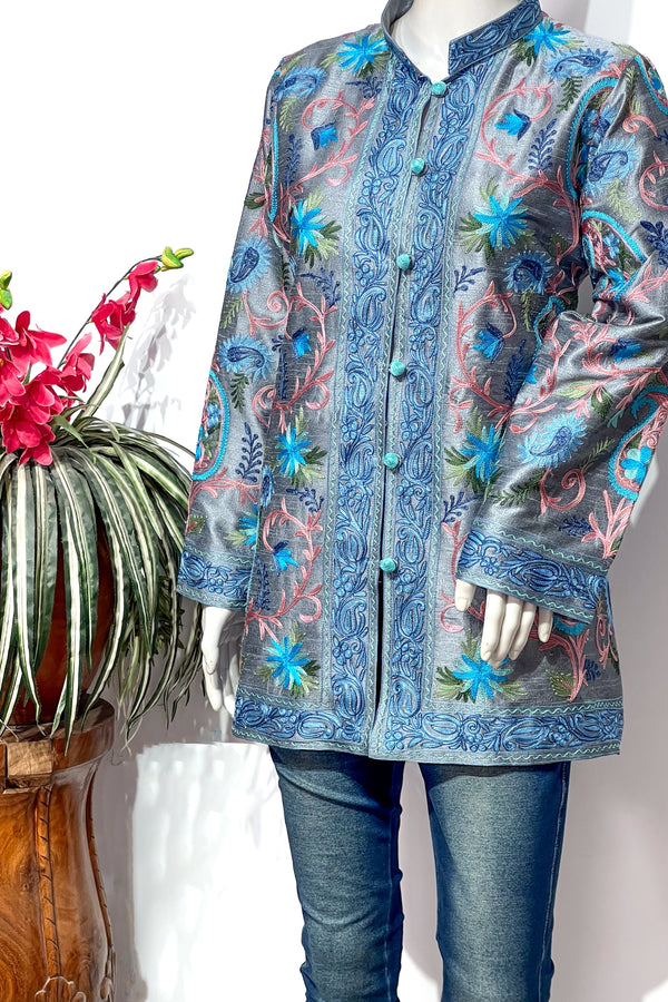 Grey Jacket with Multi-Color Emboridery