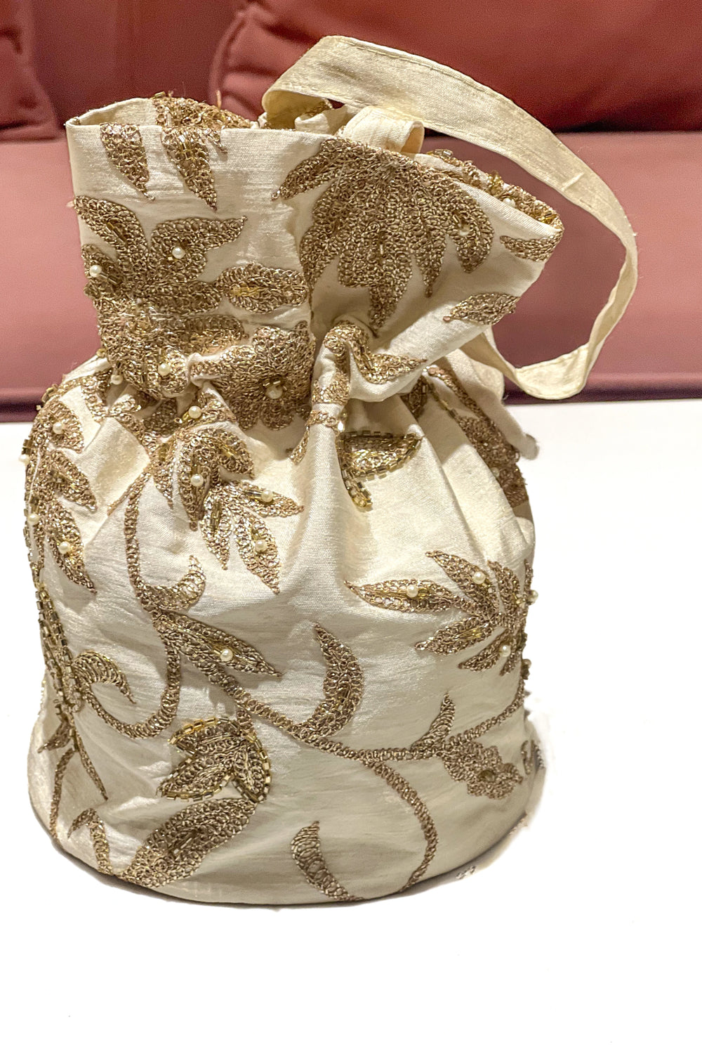 Viscose Raw Silk Potli with Tilla, Sequence & Hand-Cut Work