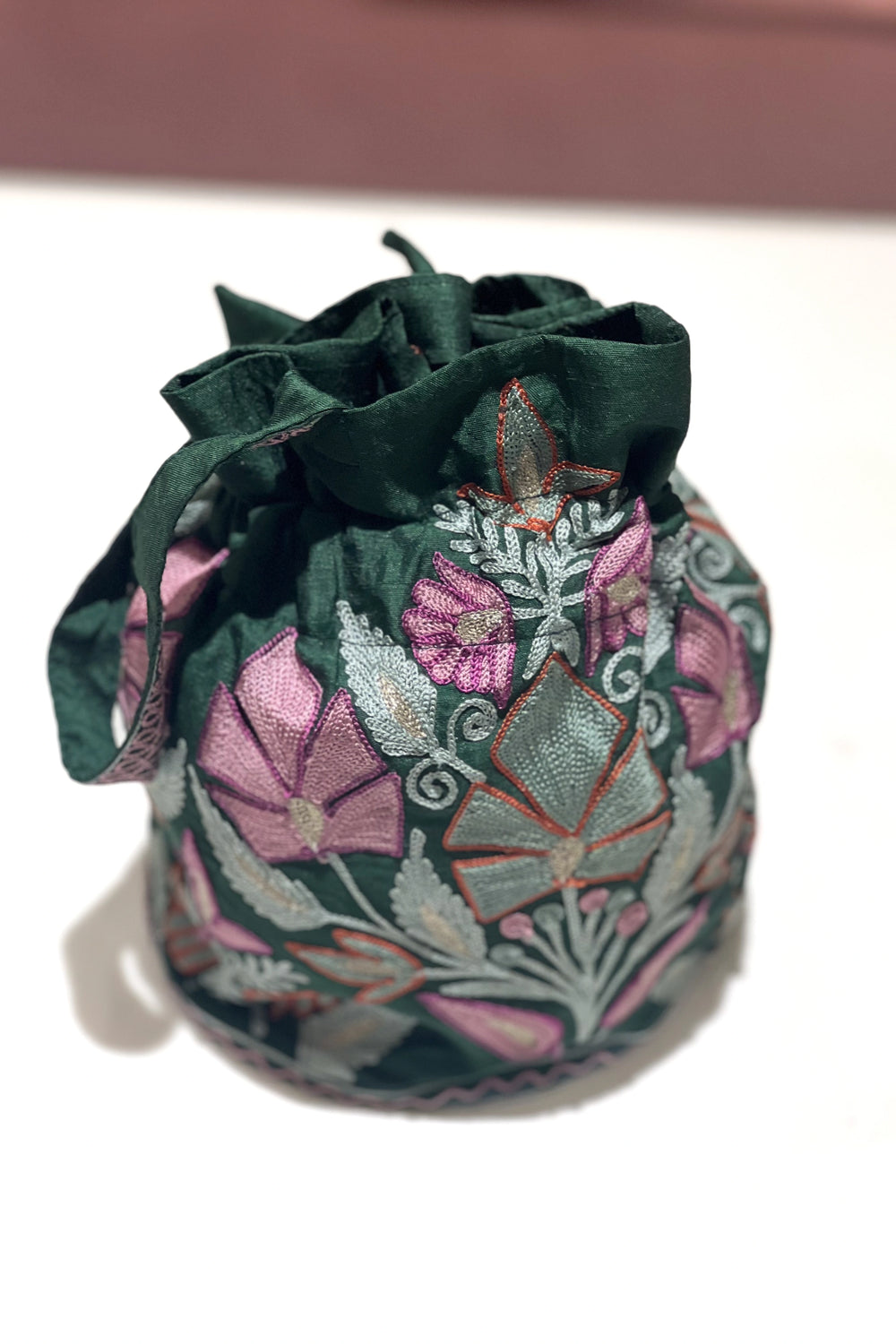 Raw Silk Embroidered Potli Bag with Aari Work