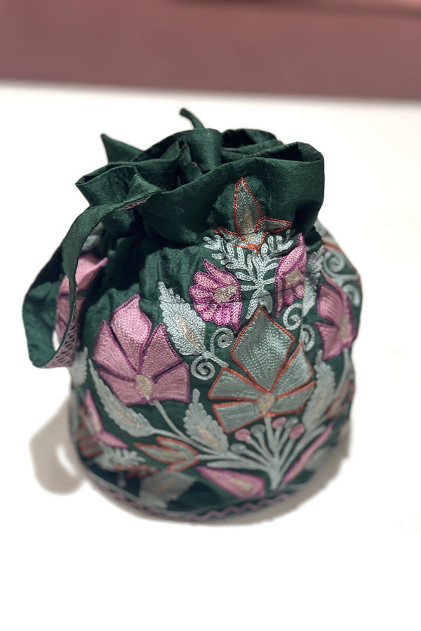 Raw Silk Embroidered Potli Bag with Aari Work