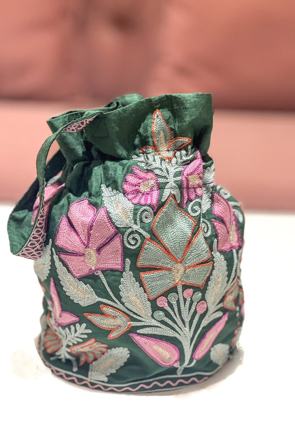 Raw Silk Embroidered Potli Bag with Aari Work