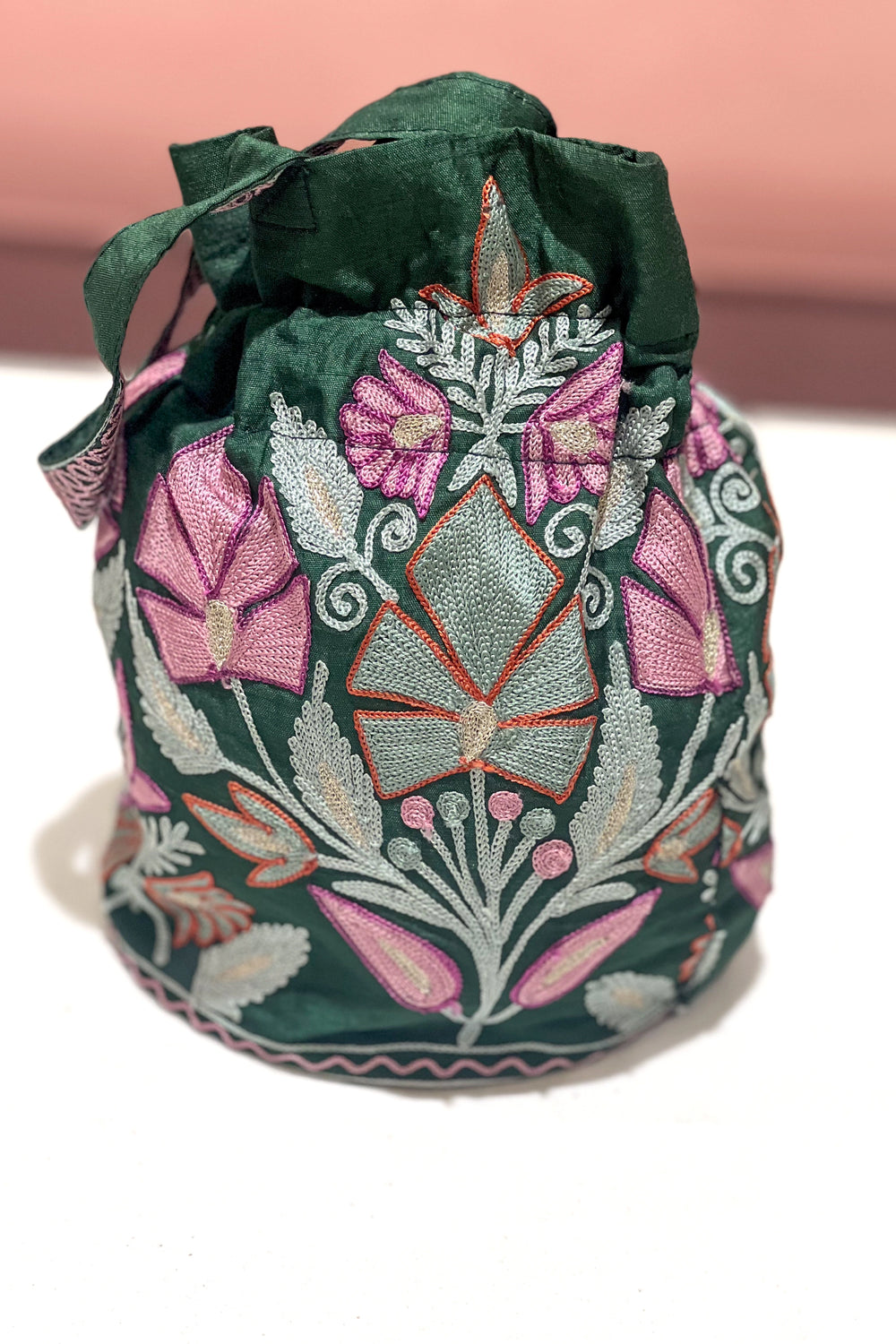 Raw Silk Embroidered Potli Bag with Aari Work