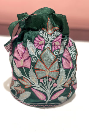 Raw Silk Embroidered Potli Bag with Aari Work