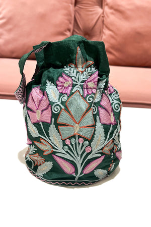 Raw Silk Embroidered Potli Bag with Aari Work