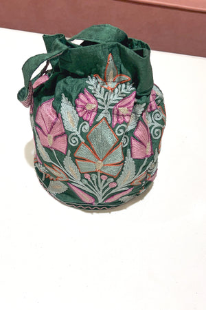 Raw Silk Embroidered Potli Bag with Aari Work