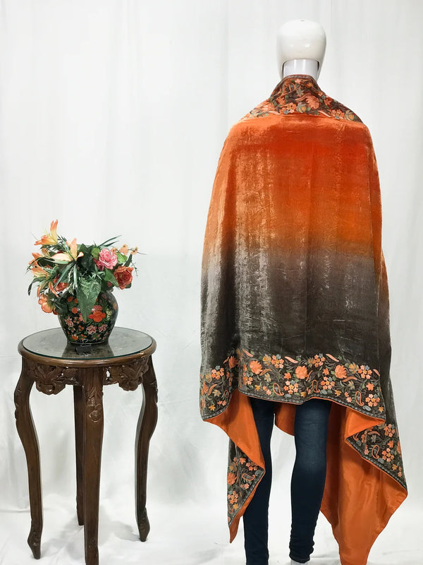 Gloss Velvet Ombre Cape with Aari Work: Dark Orange and Grey Back