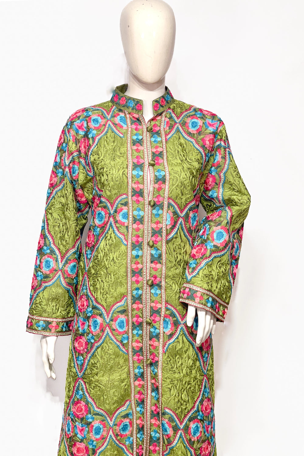 Green Aari Jaal Long Coat with Tilla Fusion