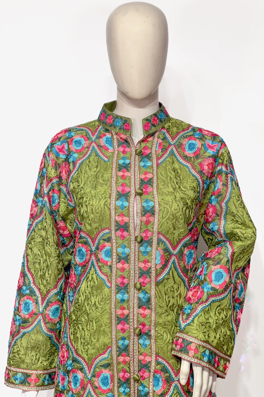 Green Aari Jaal Long Coat with Tilla Fusion