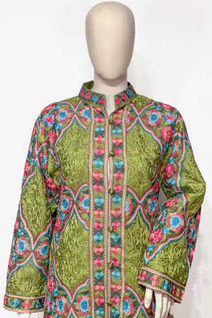 Green Aari Jaal Long Coat with Tilla Fusion