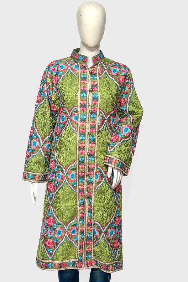 Green Aari Jaal Long Coat with Tilla Fusion