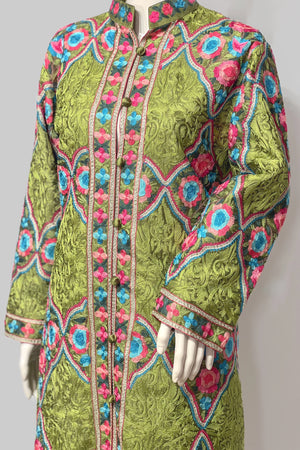 Green Aari Jaal Long Coat with Tilla Fusion