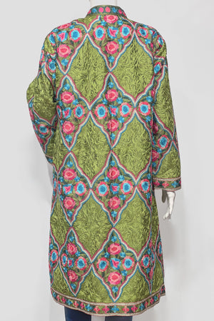 Green Aari Jaal Long Coat with Tilla Fusion
