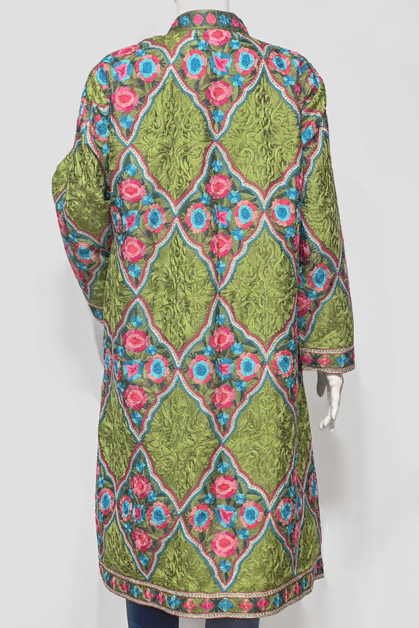 Green Aari Jaal Long Coat with Tilla Fusion