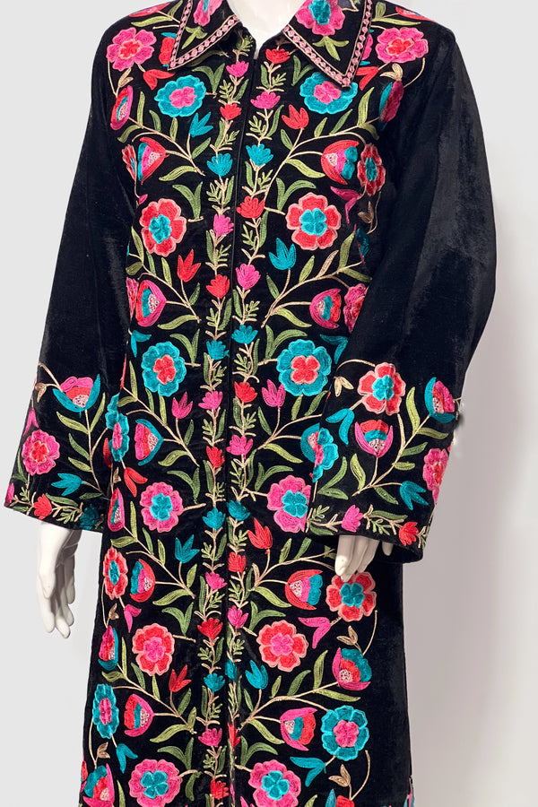 Black Velvet Front Jaal Long Coat