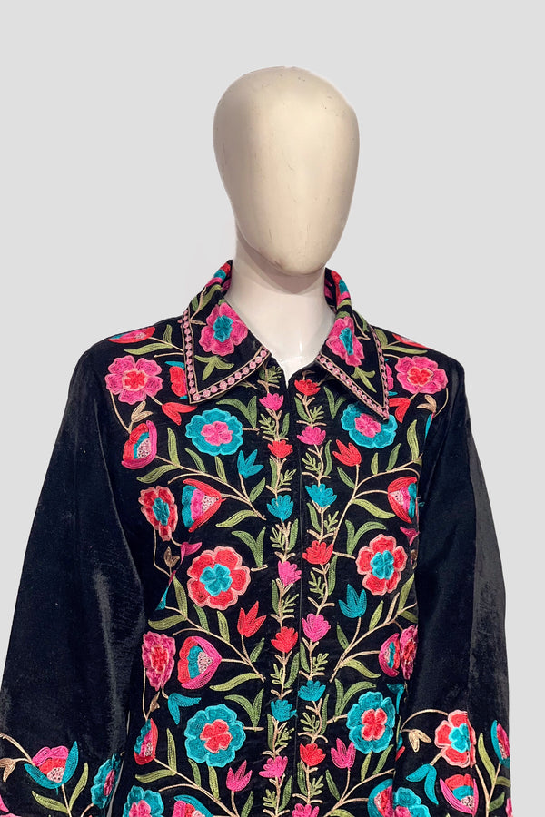 Black Velvet Front Jaal Long Coat