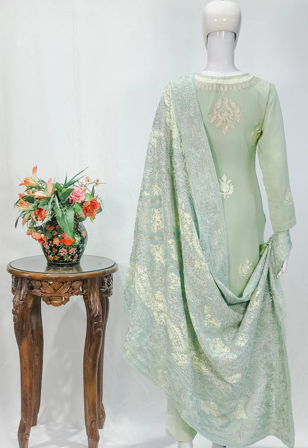Tea Green Tilla & Aari Fusion Embroidered Kashmiri Suit