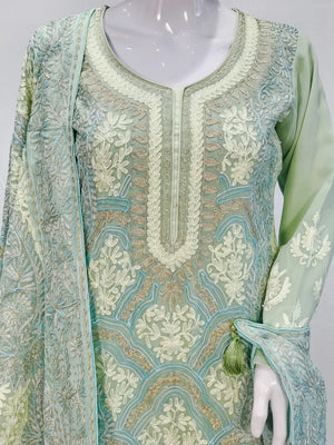 Tea Green Tilla & Aari Fusion Embroidered Kashmiri Suit