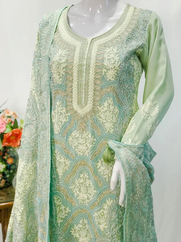 Tea Green Tilla & Aari Fusion Embroidered Kashmiri Suit