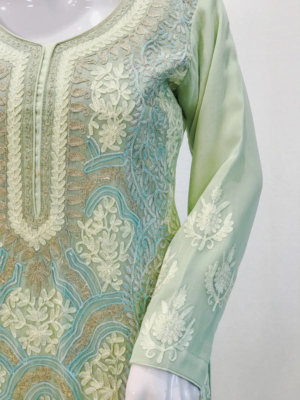 Tea Green Tilla & Aari Fusion Embroidered Kashmiri Suit
