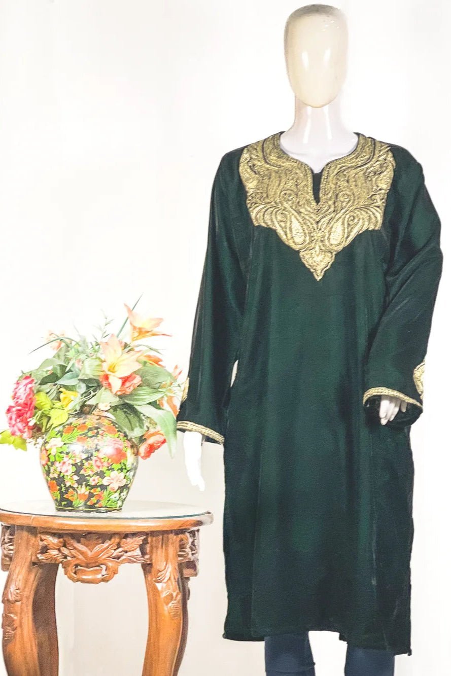 Kashna Bottle Green Velvet Phiran | Angad Creations