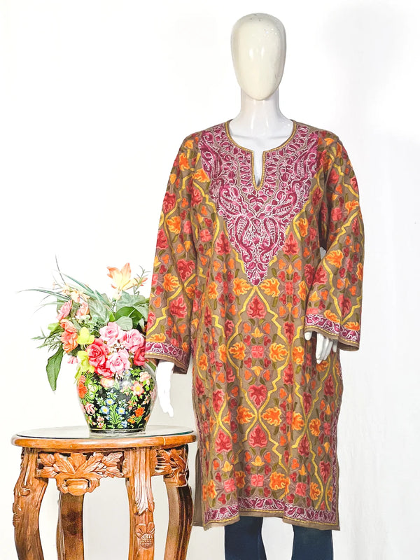 Woollen Kashmiri Phiran with Aari and Tilla Jaal Embroidery