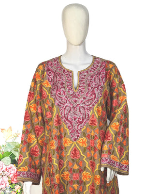 Woollen Kashmiri Jaal Pattern Phiran with Aari and Tilla Embroidery