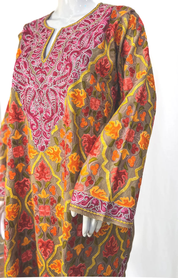 Woollen Kashmiri Jaal Pattern Phiran with Aari and Tilla Embroidery