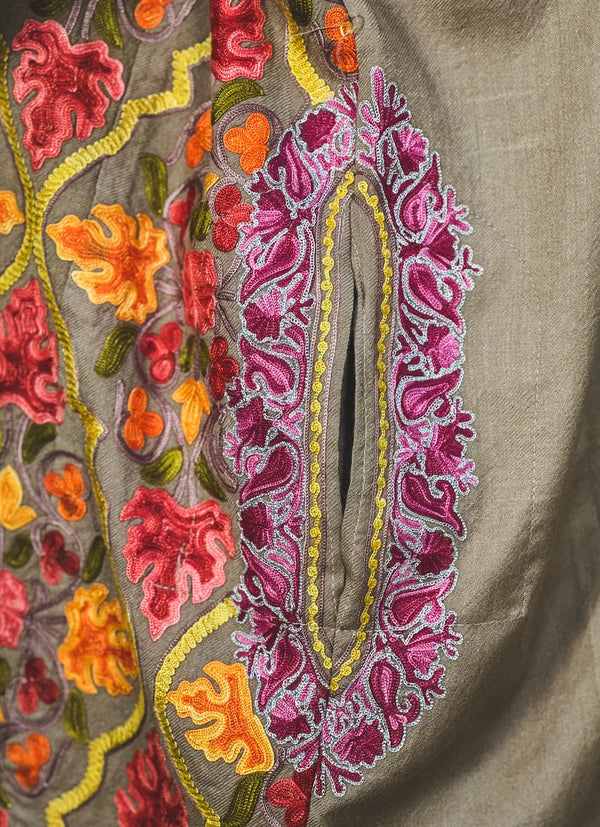 Woollen Kashmiri Jaal Pattern Phiran with Aari and Tilla Embroidery