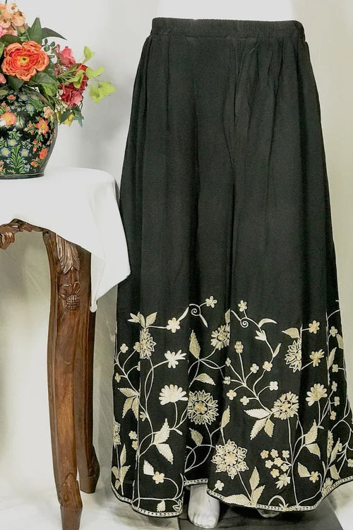 Black Women Sharara Pants with Aari and Tilla Embroidery