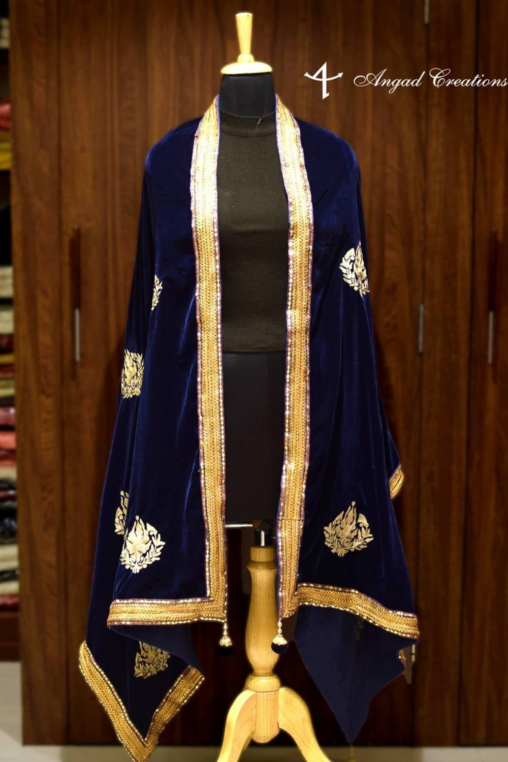 Navy Blue Velvet Shawl with Chinar Boteh Work