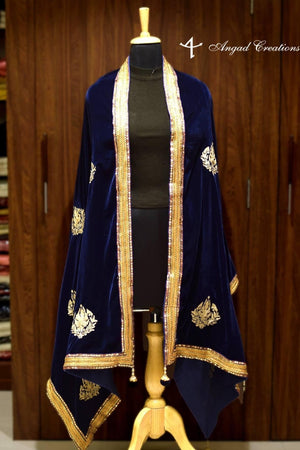 Navy Blue Velvet Shawl with Chinar Boteh Work