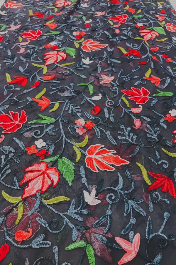 Grey Georgette Fabric with Maple Leaf Embroidery flat view