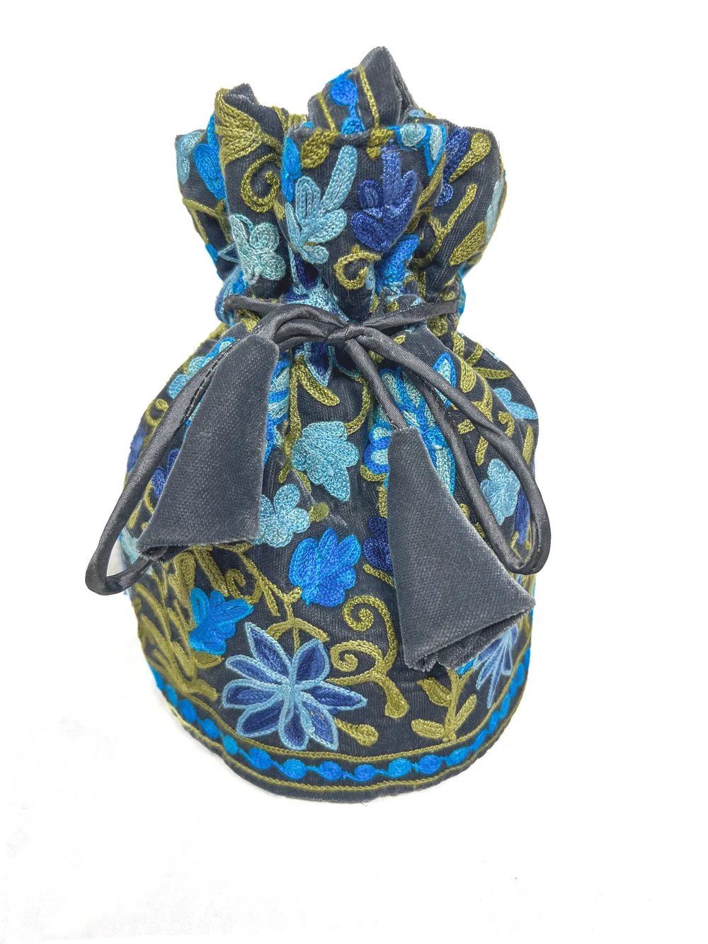 Decorative drawstring bag with floral pattern on a white background
