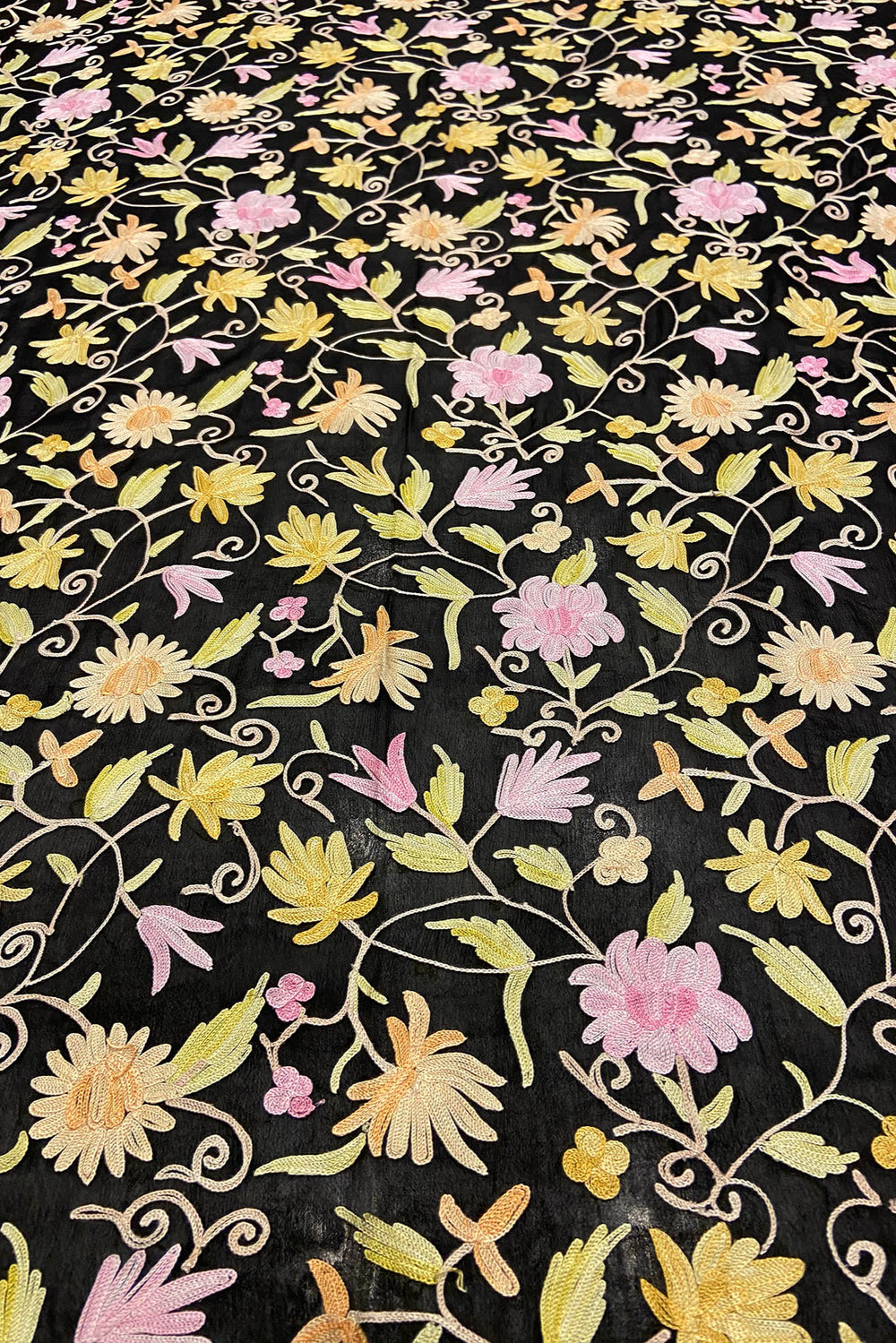 Floral embroidery pattern on black fabric