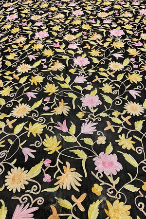 Floral embroidery pattern on black fabric