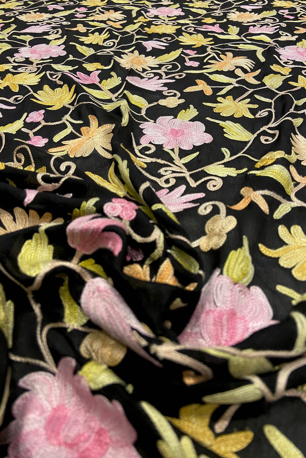 Floral embroidery pattern on black fabric