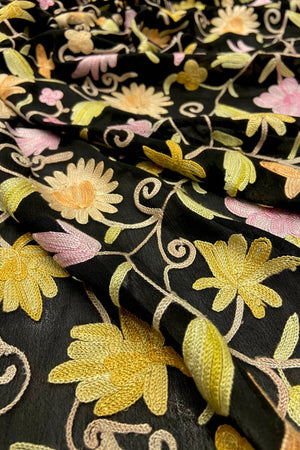 Close-up of embroidered fabric with floral patterns on a black background