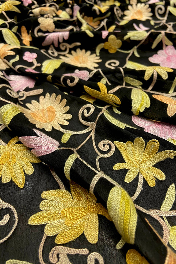 Close-up of embroidered fabric with floral patterns on a black background