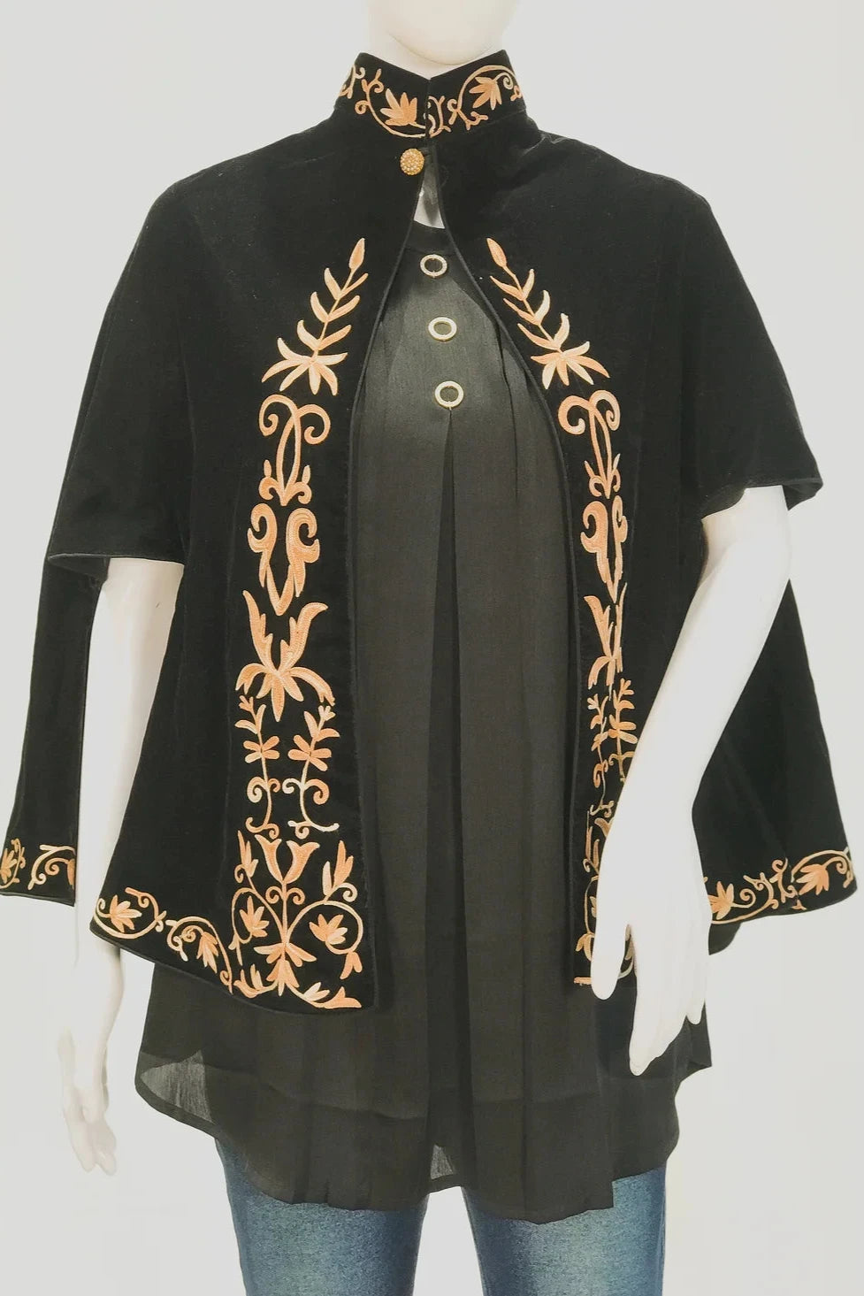 Black Velvet Cape Poncho with Floral Embroidery
