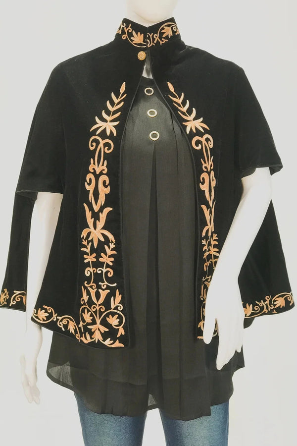 Black Velvet Cape Poncho with Floral Embroidery Front