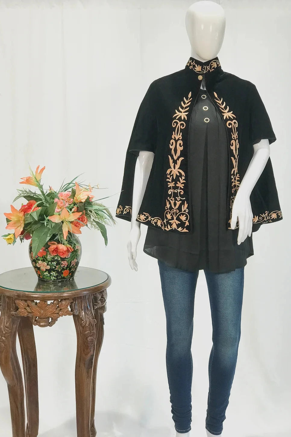Black Velvet Cape Poncho with Floral Embroidery
