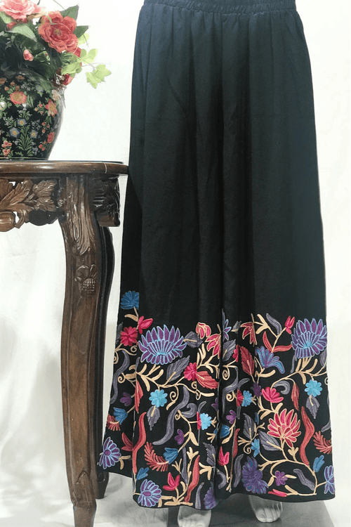 Black Women Sharara Pants with Kashmiri Aari Embroidery