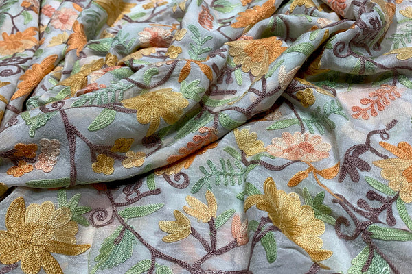Embroidered fabric with floral patterns on a light background