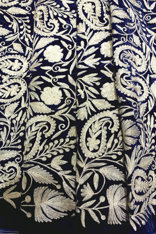 Patterned fabric with intricate designs on a navy background
