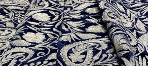 Patterned fabric with intricate designs on a blue background