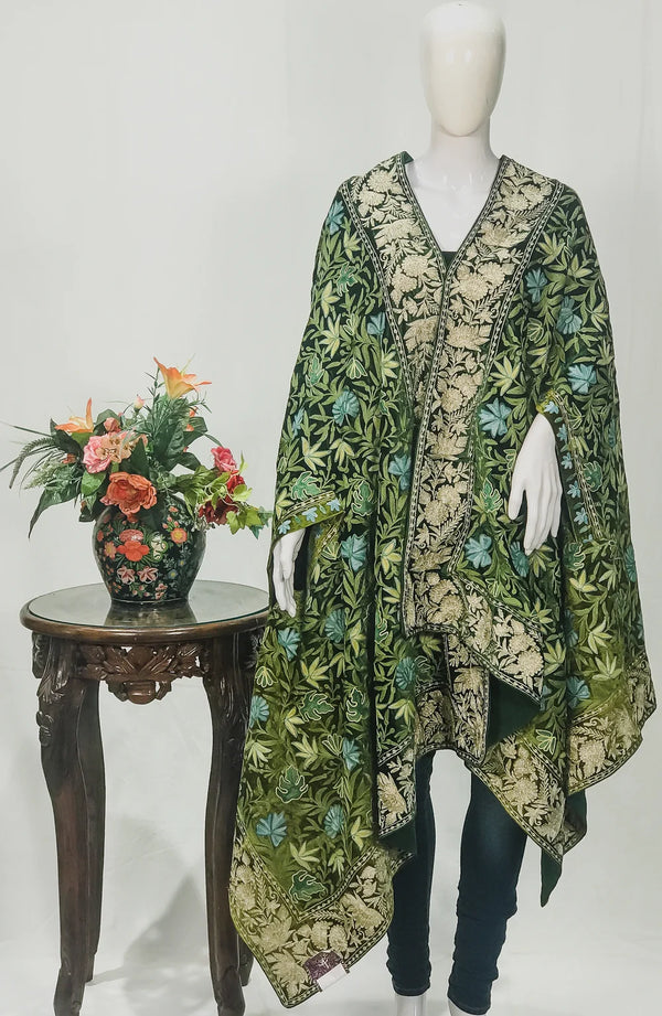 #Green Green Ombre Velvet Cape with Aari Jaal and Tilla Border