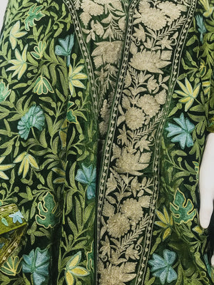 #Green Green Ombre Velvet Cape with Aari Jaal and Tilla Border Front