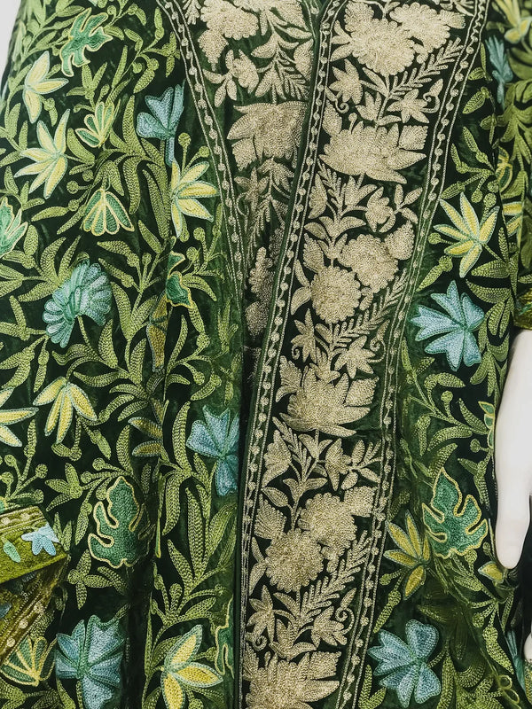 #Green Green Ombre Velvet Cape with Aari Jaal and Tilla Border Front